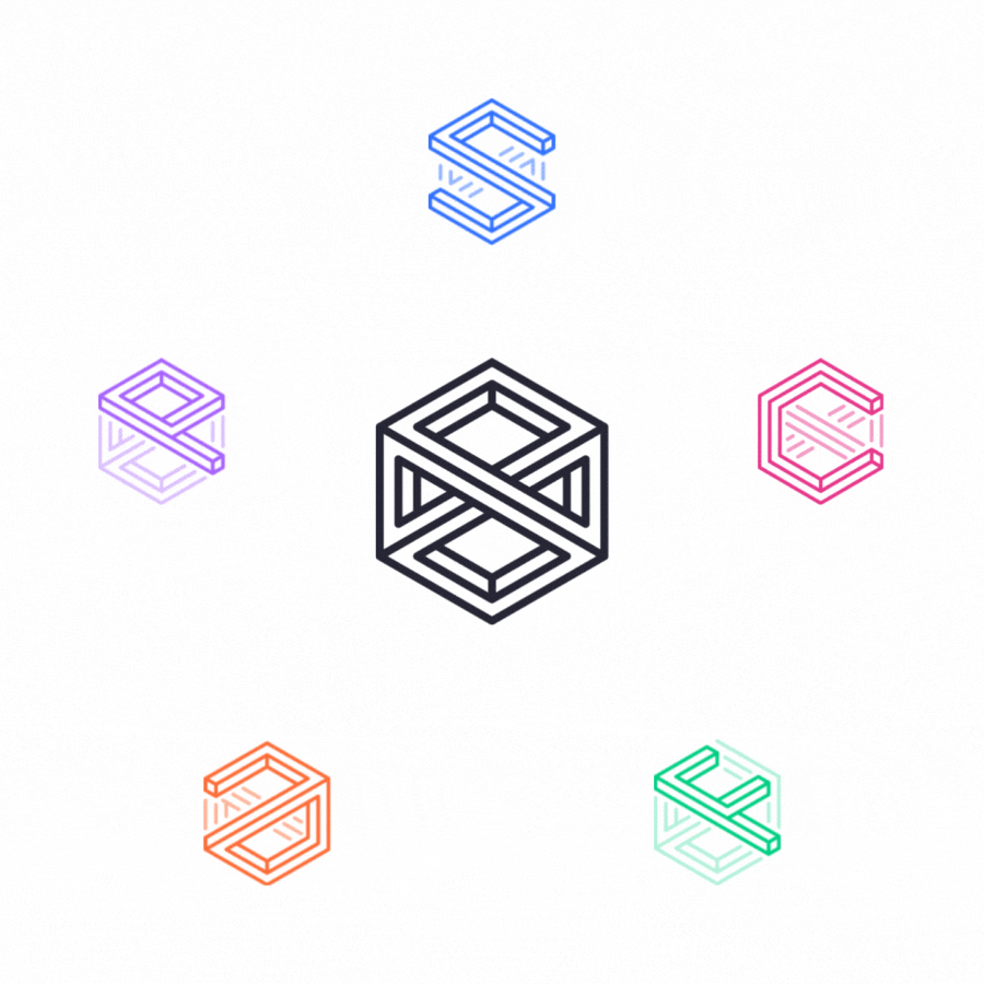 Looping GIF showing the Nomix family of brands: a central black Nomix cube mark surrounded by five colorful isometric letter monograms on a white background.