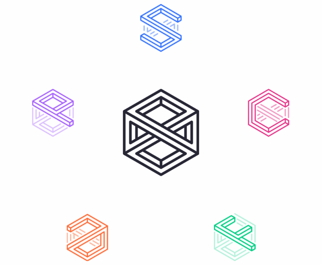 The Nomix family of brands: a central black Nomix cube mark surrounded by five colorful isometric letter monograms on a white background.
