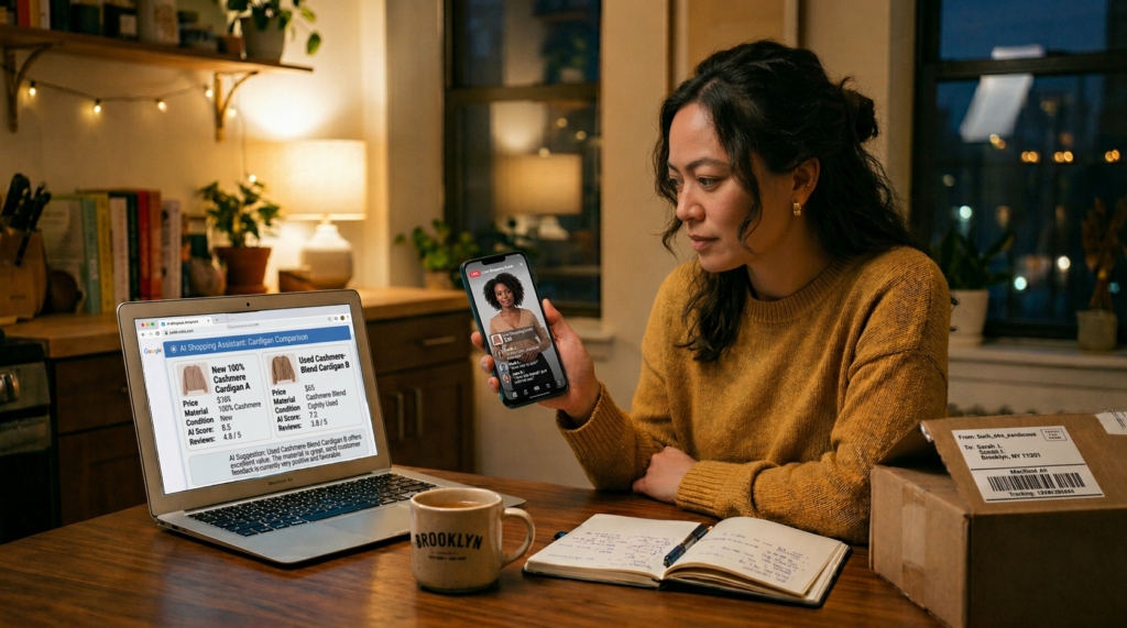 Shopper compares cardigan options on an AI shopping assistant while watching a social commerce livestream, illustrating product discovery beyond a retailer homepage.