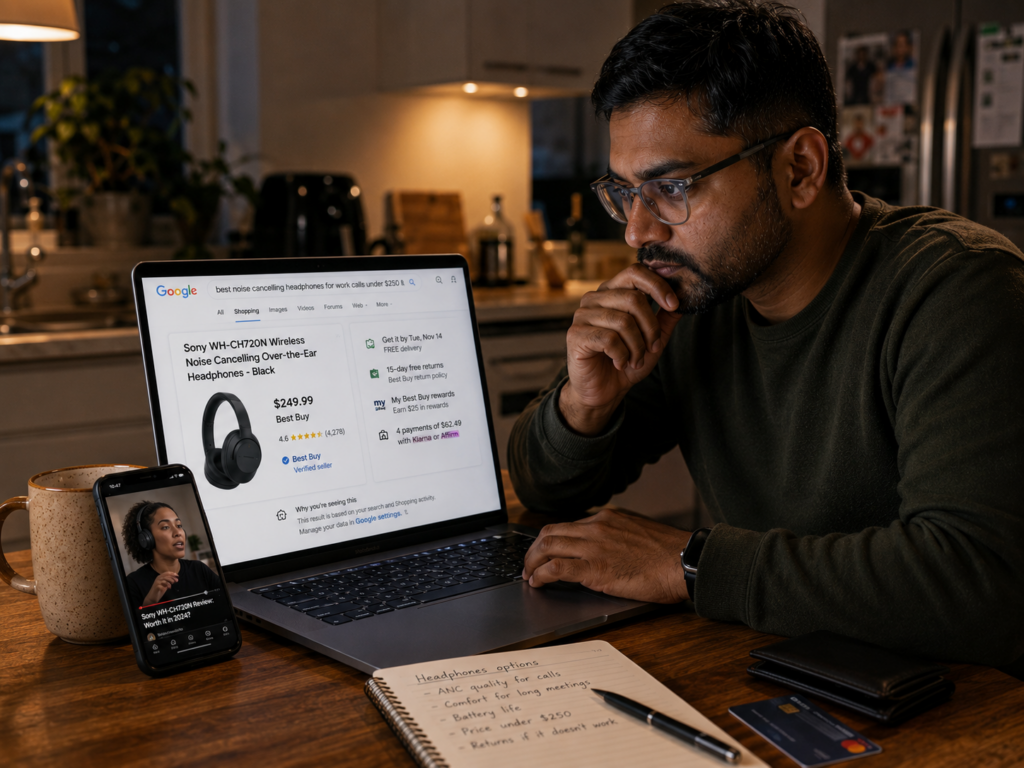 A shopper reviews a Google Shopping result for noise-canceling headphones, comparing price, seller credibility, reviews, rewards, delivery, returns, payment options, and a creator review before buying.