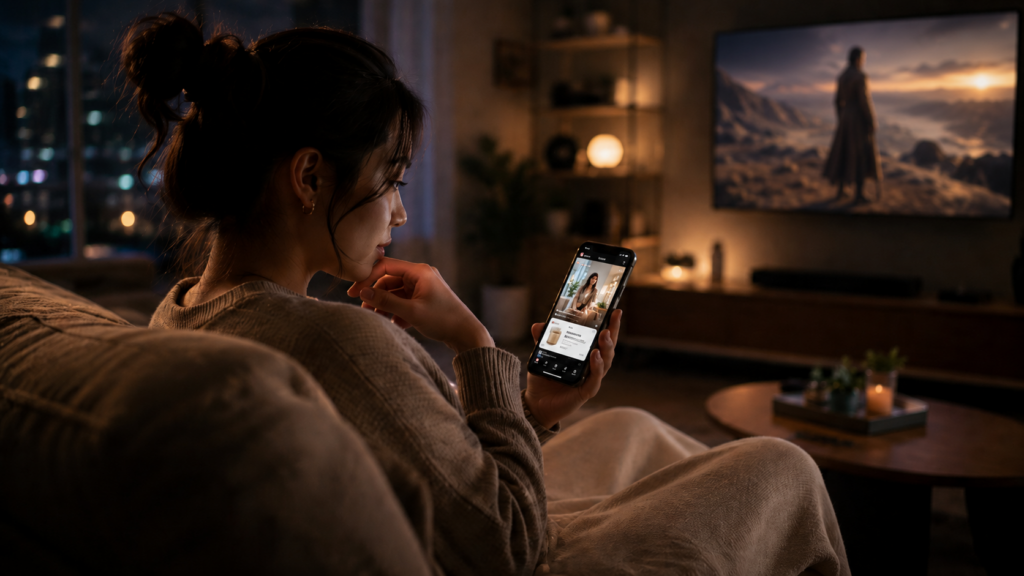 A woman sits on a couch at night browsing a shopping-related experience on her phone while a movie plays on the TV, illustrating how commerce now happens across digital touchpoints beyond the traditional path to purchase.