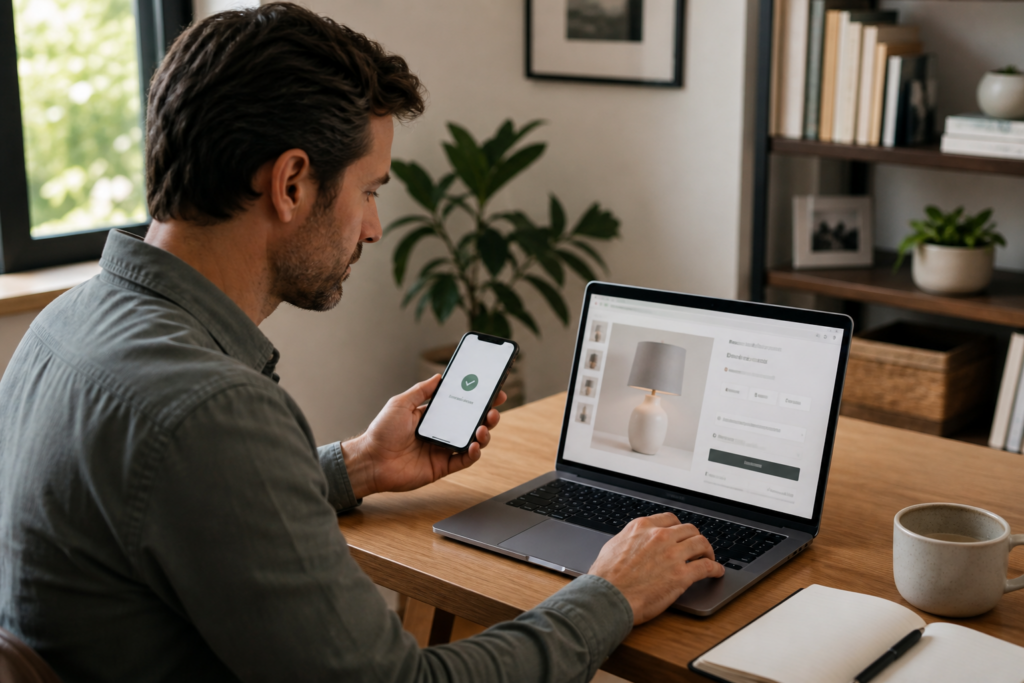 Shopper comparing an online product page and mobile payment options before checkout