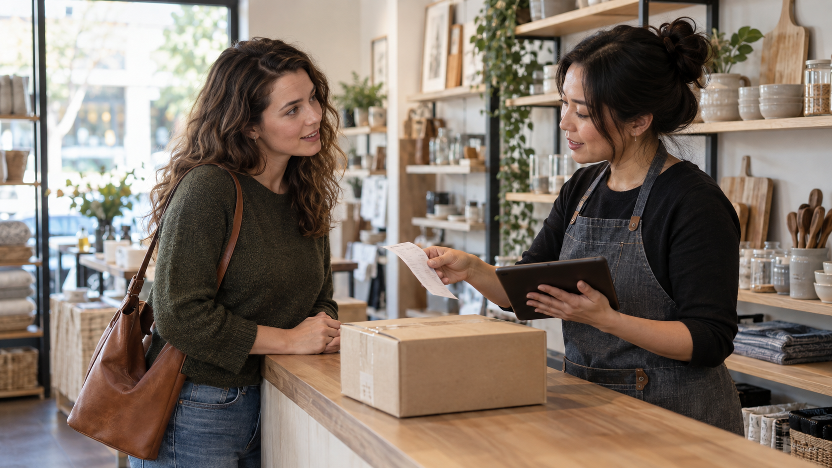 A store associate hands a receipt to a shopper while reviewing an order return at a service counter.